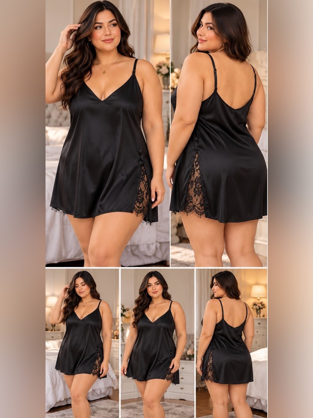 Victoria’s Secret Black Satin Lace Chemise XL Eyelash Trim Side Button Slip